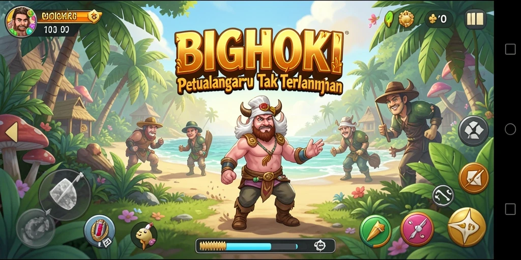Screenshot BIGHOKI menunjukkan karakter menjelajahi dunia petualangan yang indah.