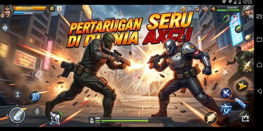 Screenshot D73 menampilkan aksi pertempuran yang intens dan grafis yang mengagumkan.