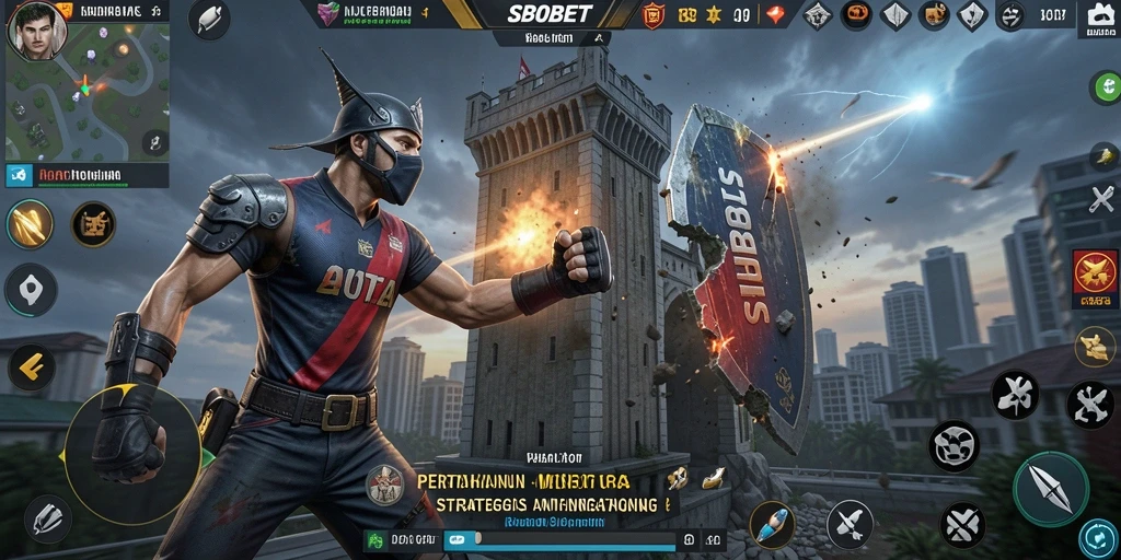 Screenshot gameplay Tower Defense SBOBET menampilkan menara dan aksi pertempuran.